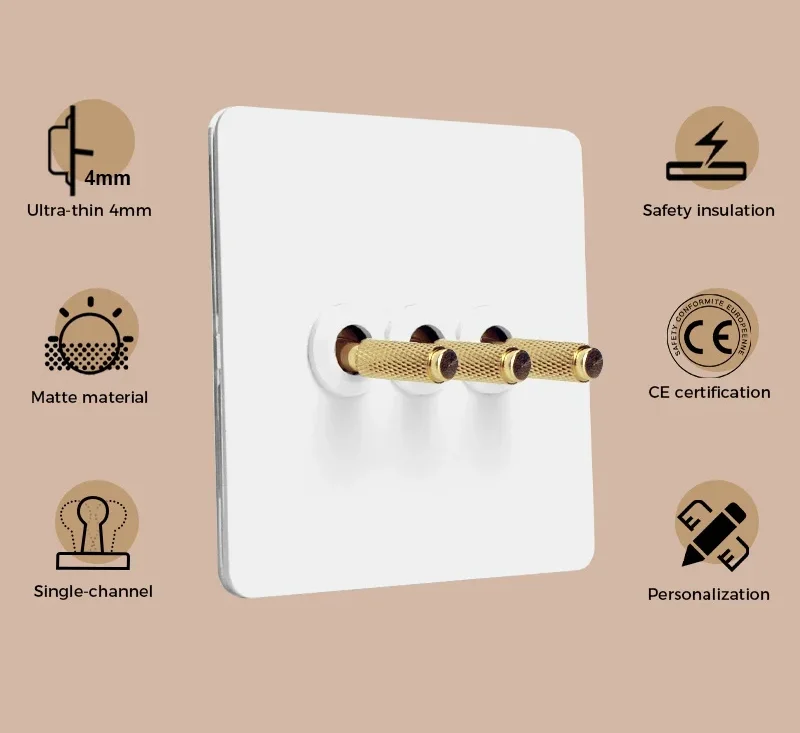 White Panel Brass Knurled Gold Lever Toggle Switch - Image 3